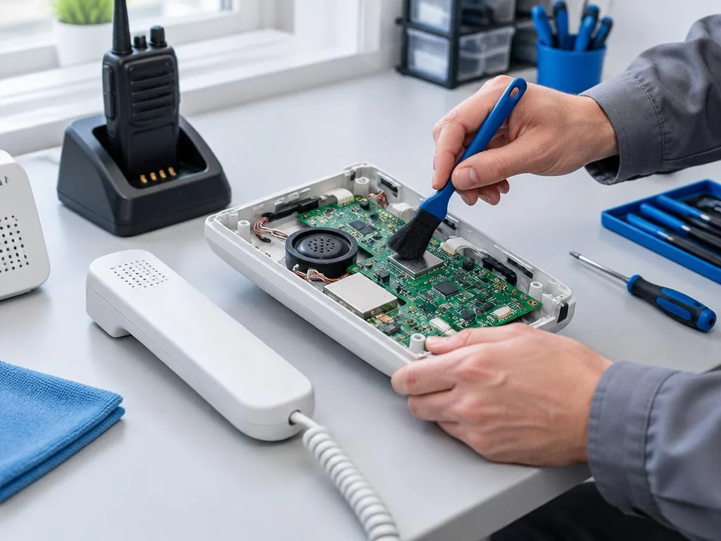 Maintenance préventive à Longjumeau – nettoyage et entretien d’un interphone en atelier